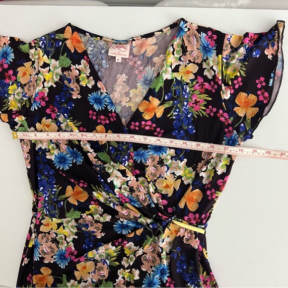 Leona Edmiston Dress Multicoloured Floral Draped Buckle Knee Length Size M 12 - Picture 10 of 11